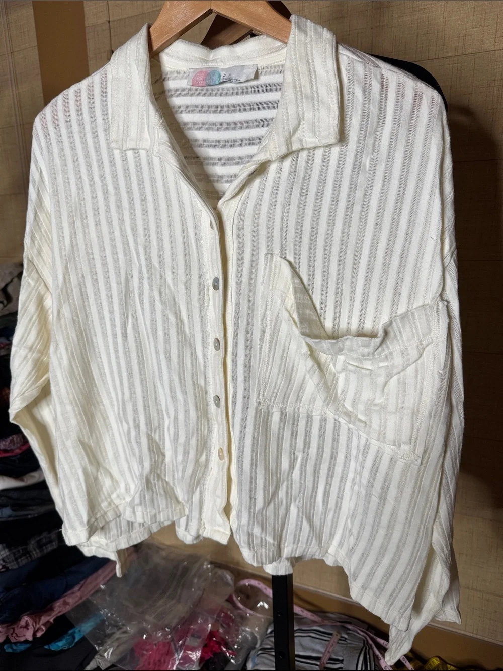 Free People Beach Cream Semi Sheer Striped Button Up Shirt Large Oversized